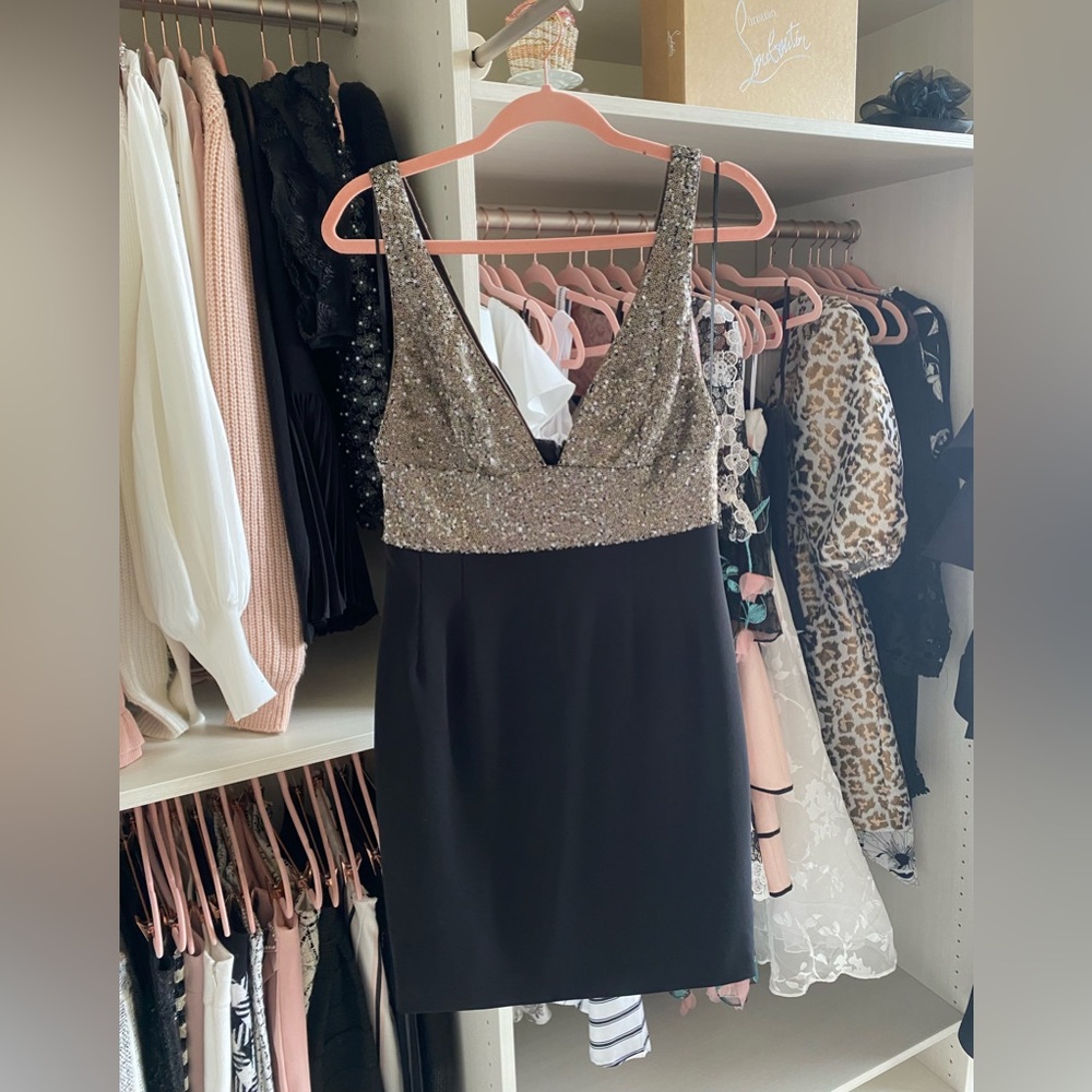 Jay Godfrey dress. Black bottom. Champagne sequins on top. Size 8